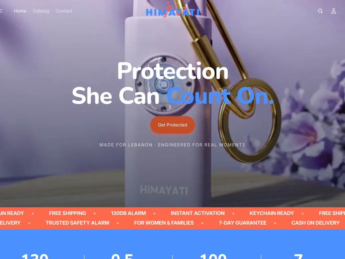 Himayati homepage hero with a personal safety alarm keychain behind the headline 'Protection She Can Count On'