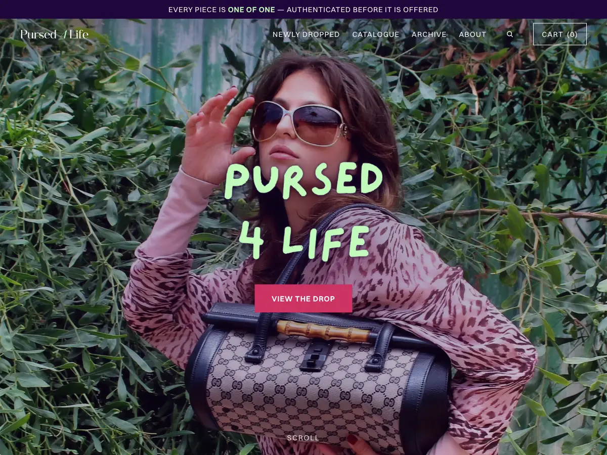 Pursed 4 Life homepage with a model carrying a one-of-one designer bag under the drop hero